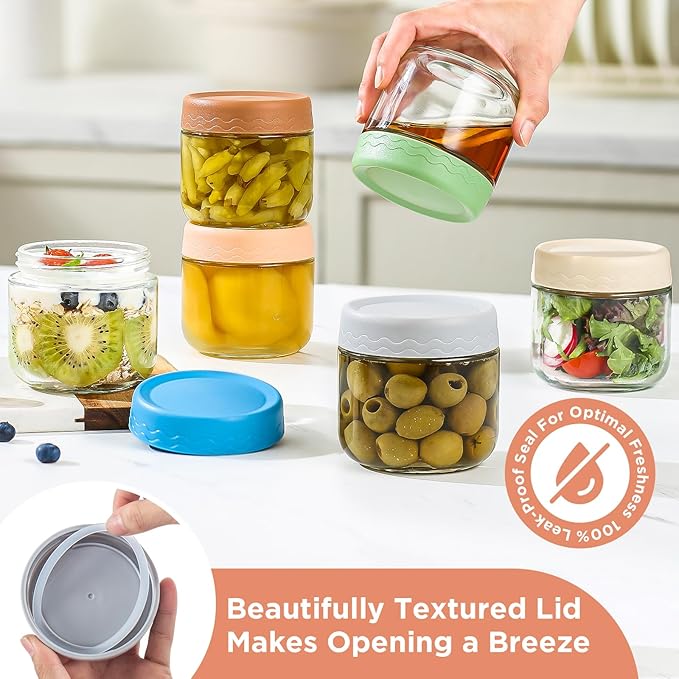 DRKIO 10 Oz Overnight Oats Containers with Lids - 6 Pack Glass Storage Jars with Airtight Lids Wide Mouth Mason Food Jars Great for Meal Prep Salad Chia Pudding Snacks Yogurt Sugar Spice Cereal