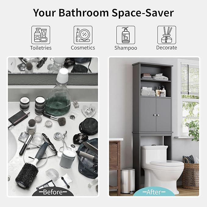 Shintenchi Over The Toilet Storage Cabinet, Bathroom Above The Toilet Rack, Bathroom Adjustable Shelf Organizer with Open Bottom Bar and Anti-Tip Device, Gray