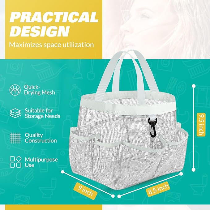 Mesh Shower Caddy Portable for College Dorm Room Essentials with 8 Pockets, Shower Bag for Beach, Swimming, Gym, Travel, Bathroom(All white)
