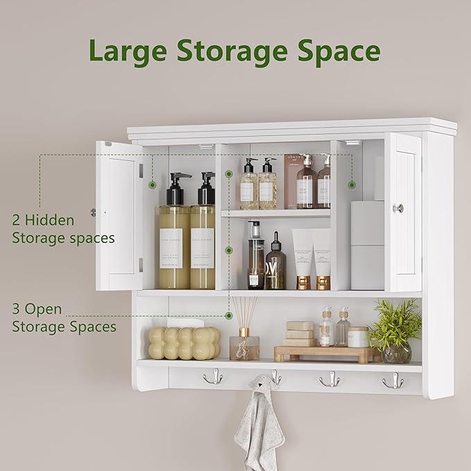 31.5" W Large Bathroom Wall Storage Cabinet with 2 Doors and 4 Hooks, Modern Medicine Cabinet with 3 Open Shelves, Wooden Wall Mounted Bathroom Cabinet for Kitchen, Living Room, White