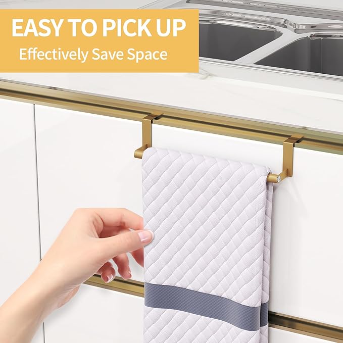 Over The Door Towel Rack, Kitchen Towel Holder Over Cabinet Door Towel Bar Stainless Steel for Cupboard for Kitchen Dish Towel Holder Hanger, 2 Pack (Gold)