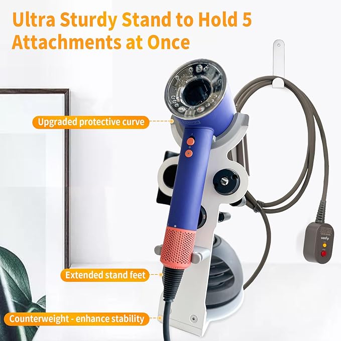 Hair Dryer Holder Stand for Dyson Hair Dryer, Upgraded Dyson Hair Dryer Holder Dyson Hair Dryer Stand White to Store 5 Dyson Hair Dryer Attachments with Cable Hook