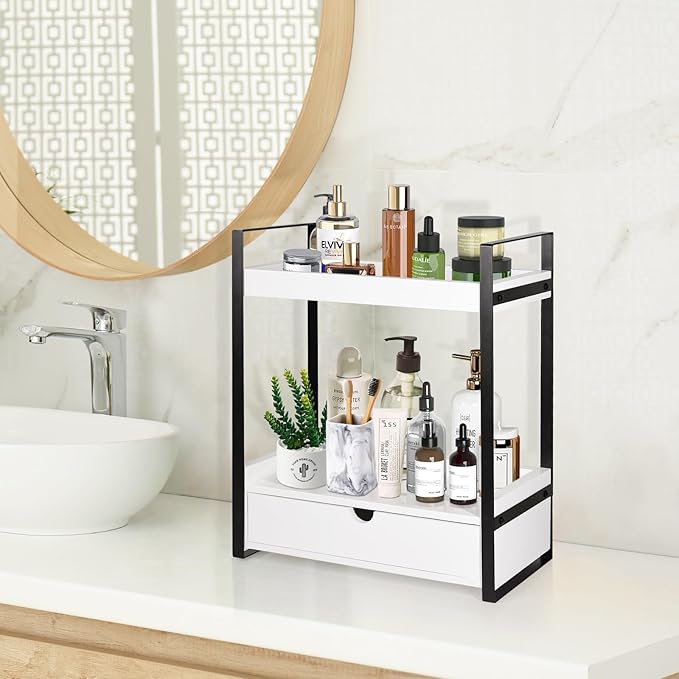 2-Tier Wooden Counter Shelf with Drawer, Vanity Tray for Organization and Decor, Countertop Organizer for Bathroom and Kitchen
