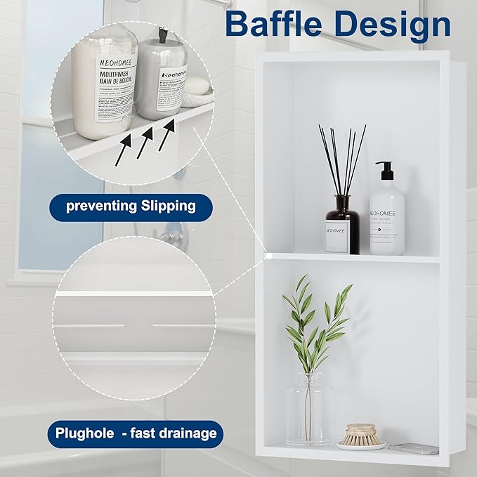 Neodrain No Tile Shower Niche, Stainless Steel Wall Niche 13.1"X25.1"(Inner Size 12"X24"), Two-Tier Bathroom Shelf, NO Tile Needed Recessed Storage for Bathroom Storage, White