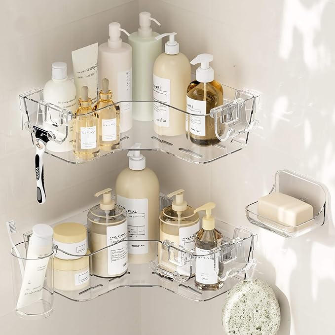 UDD Corner Shower Caddy, Clear Shower Organizer Bathroom Storage Rack with Soap Dish Hook and Hanging Cup, Adhesive Wall Shower Shelves for Bathtub Dorm, 4 Pack