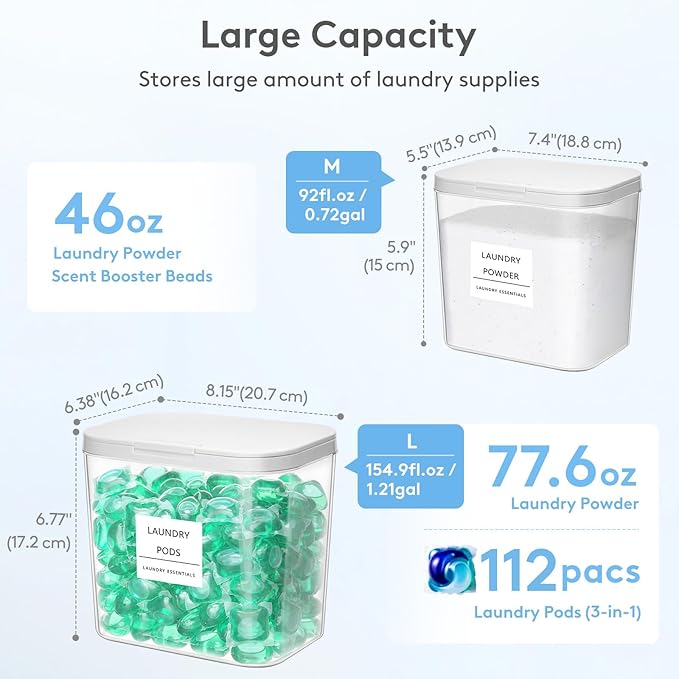 Lifewit 4 Pcs Laundry Pods Container with Pop-up Lid, Dryer Sheet Holder, Laundry Room Organization Storage Jars for Washing Powder, Soap, Scent Booster Beads, 2700 +4500ml/0.72+1.2gal