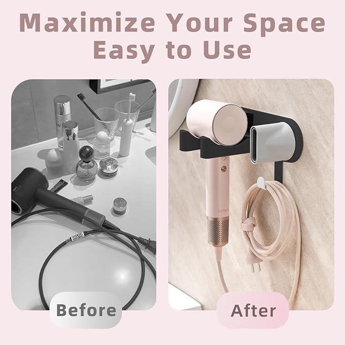 Hair Dryer Holder Wall Mounted, Hair Dryer Organizer Self Adhesive Compatible with Dyson Blow Dryer Holder Aluminum BlowDryer Holder Wall Mounted for Bathroom Black