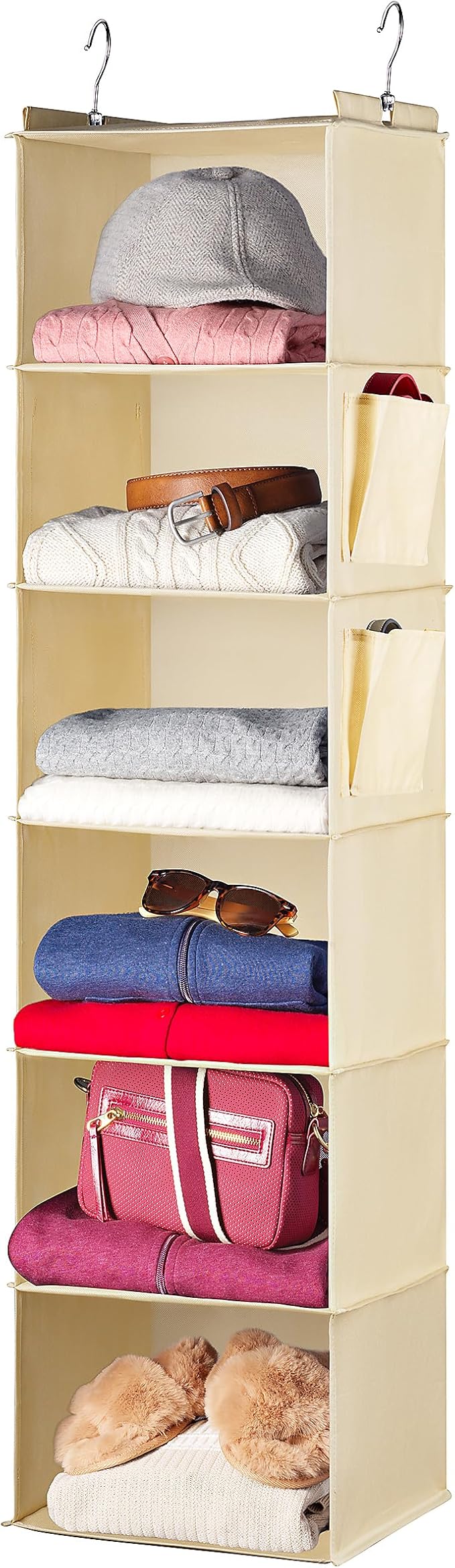Handy Laundry Hanging Closet Organizer - 6 Shelf Storage for Clothes, Sweaters, Shoes & Accessories - Space-Saving Wardrobe Shelves with Hooks for Dorm, RV & Small Closet Organization (Beige)