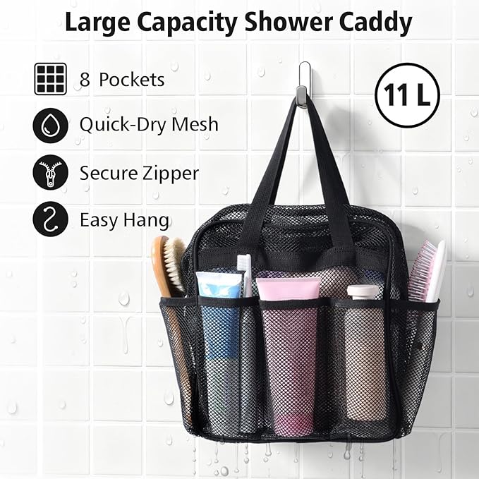 F-color Mesh Shower Caddy Portable with Zipper - Upgrade Deeper 7 Pockets Dorm Room Essentials for Guys Girls with S Hook, Shower Bag Basket Tote for College Camping Toiletry Bathroom, Black
