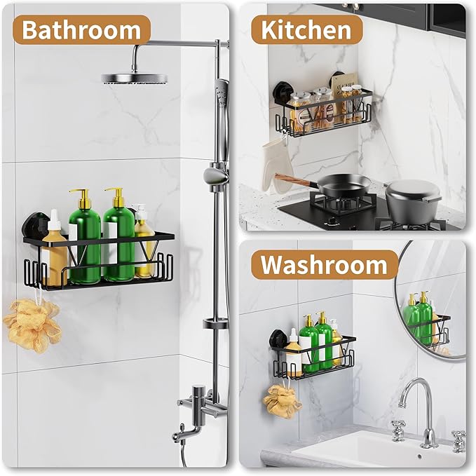 ZUNTO Suction Cup Shower Caddy with Hooks for Bathroom, No Drill and Reusable, Removable Shower Shelf for Organizer and Storage, Damage-free with Large Capacity for Wall