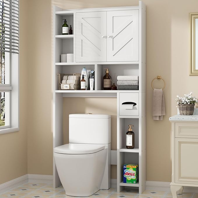Shintenchi Over The Toilet Storage Cabinet, Bathroom Storage Cabient with Barn Doors, Bathroom Storage Shelf Organizer with Toilet Paper Holder, Adjustable Shelf and Anti-Tip Device, White
