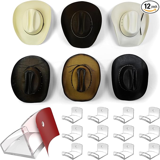 Modern JP Adhesive Hat Hooks for Wall (12-Pack) - Cowboy Hat Rack, Wide Brim Hat Organizer, Strong Hold Hat Hangers for Wall - Clear
