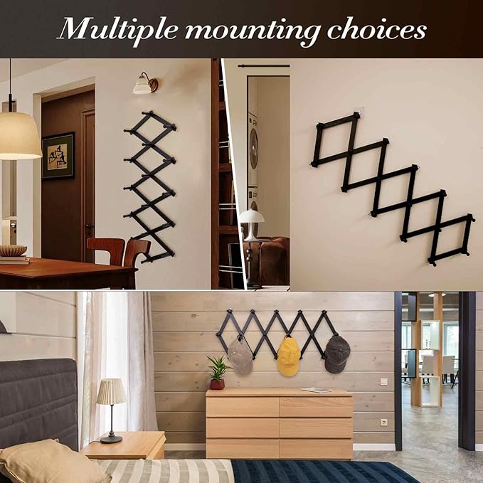 Accordion Wall Hanger with 16 Hooks, Wooden Wall Expandable Coat Rack for Coat, Hats, Baseball Caps, Coffee Mug, Jewelry(Black)