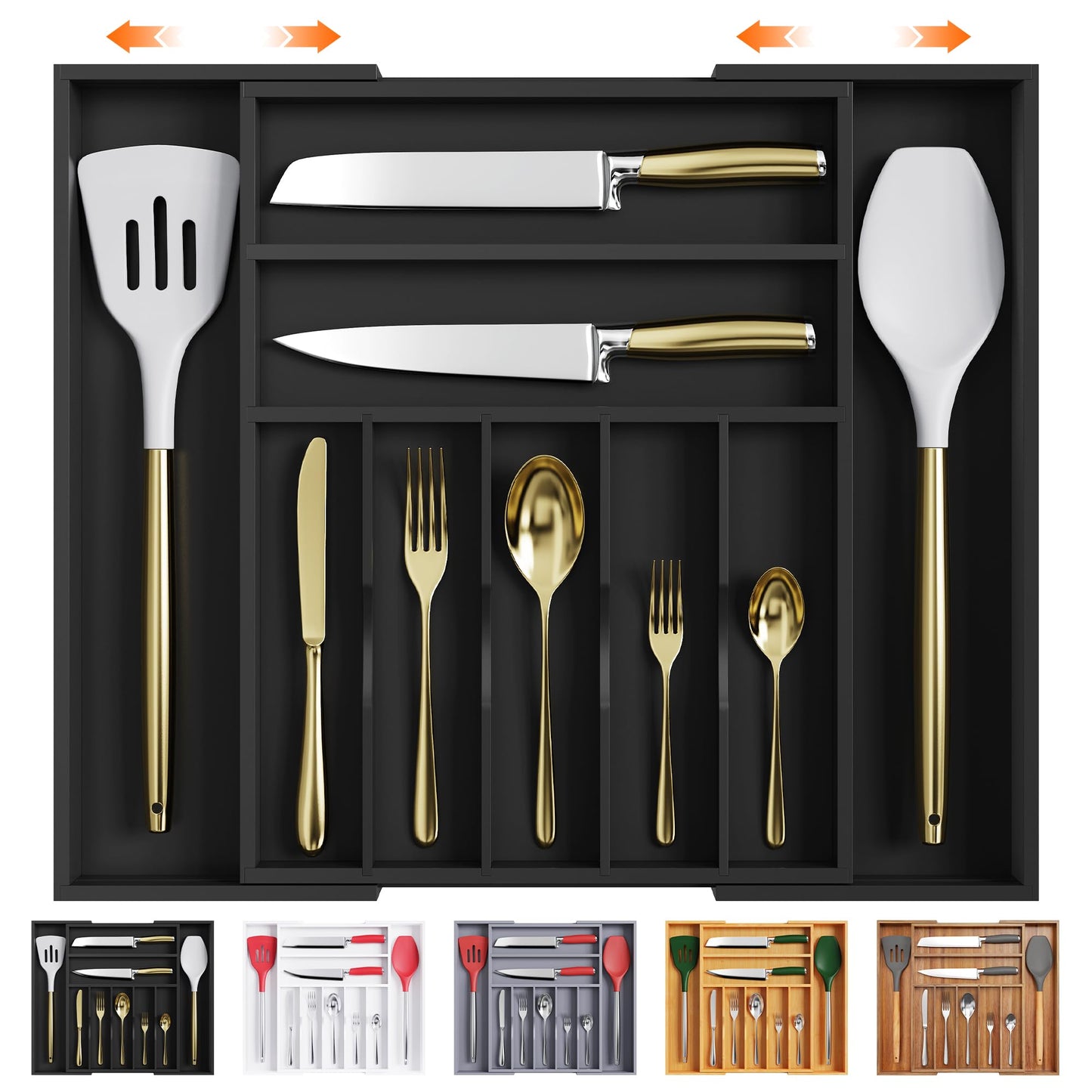 Bellsal Large Premium Acacia Wood Silverware Organizer - Expandable Utensil Drawer Organizer - 17"x19.6" Utensil Holder and Cutlery Tray with Grooved for Kitchen Flatware Utensils(7-9 Slot, Acacia)