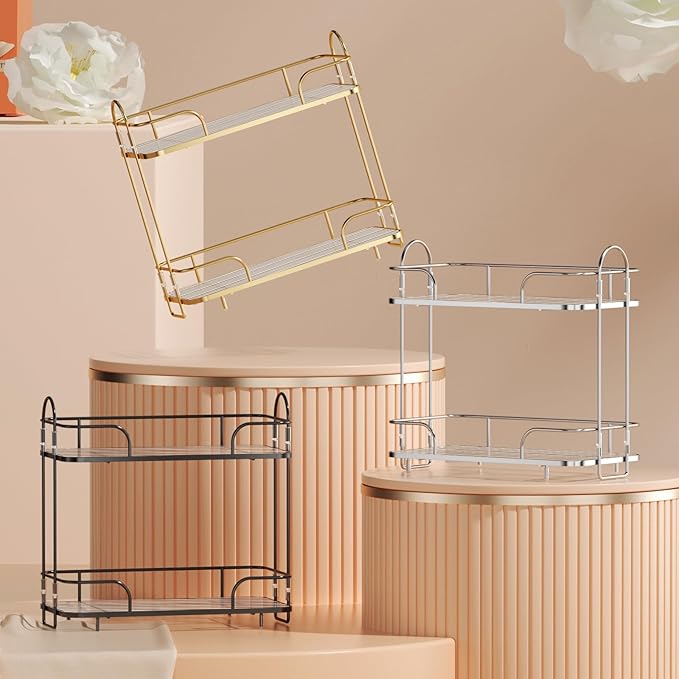 2 Tier Corner Bathroom Counter Organizer, Cosmetic Skincare ，Bathroom Countertop Perfume Tray Vanity, Kitchen Spice Corner Storage Shelf
