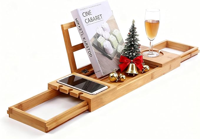 Utoplike Bamboo Bathtub Caddy Tray Bath Tray for Tub, Adjustable Bathroom Bathtub Organizer with Book Tablet Wine Glass Cup Towel Holder