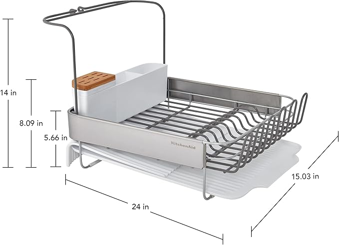 KitchenAid Full Size Compact to Full Capactiy Expandable Rust Resistant Dish Rack, with Self Draining Angled Drainboard and Removable Flatware Caddy, 24-Inch, White