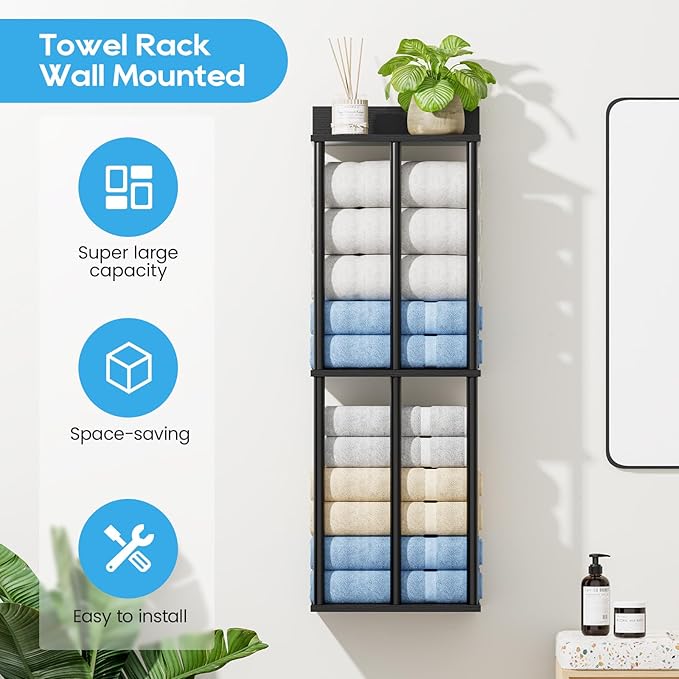Towel Racks for Bathroom Wall Mounted with Wooden Storage Shelf, Updated 3 Bar Metal Towel Holder for Rolled Towels, Sturdy and Large Capacity, Towel Storage Organizer