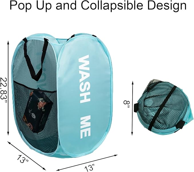 Mesh Pop Up Laundry Hamper with Handles, Collapsible Laundry Basket Side Pocket Dirty Clothes Hamper (Sky Blue)