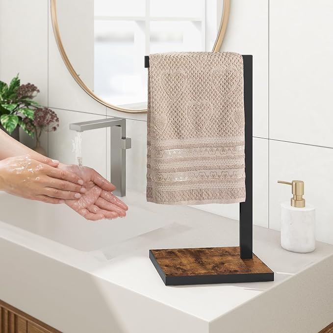 Hand Towel Holder for Bathroom, Hand Towel Stand with Wood Base, L-Shape Hand Towel Rack Height 13.85'' for Vanity Countertop, Kitchen Counter, (Rustic Brown-Square Base-L Shape)