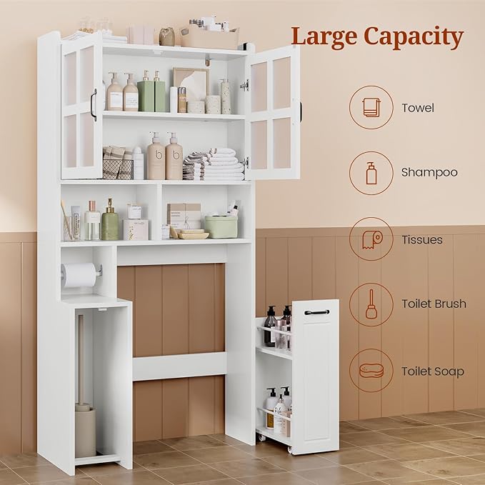 Over The Toilet Storage Cabinet with Pulley Small Bathroom Storage Cabinet, Space Saver W/Adjustable Shelf & Glass Doors for Bathroom, Restroom, Laundry (Frosted Mirror-Type B)