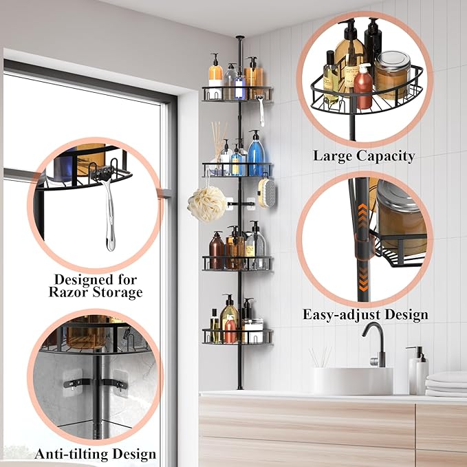 4-Tier Rustproof Corner Shower Caddy with Tension Pole, 42-115 Inch Adjustable Height Shower Organizer, Shower Shelves with Hooks, Freestanding Bathroom Organizer - Black