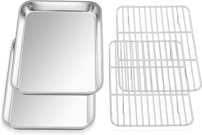 E-far Baking Sheet with Wire Rack (2 Pans + 2 Racks), Large Stainless Steel Cookie Sheets Pan & Cooling Rack for Baking Cookies Cake, Non Toxic & Heavy Duty, Oven & Dishwasher Safe, 18 x 13 x 1 Inch