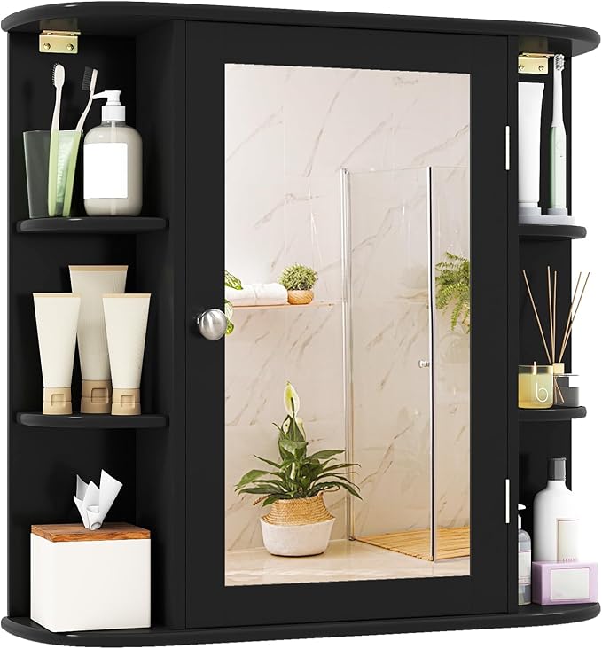Tangkula Bathroom Medicine Cabinet with Mirror, Modern Wall Mounted Space-Saving Storage Organizer with Mirrored Door, 4 Internal Shelves & 6 Open Side Shelves, Bathroom Wall Cabinet (Black)