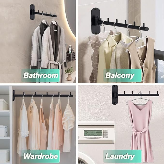 Folding Wall Mounted Clothes Hanger Rack with Swing Arm, Foldable 180°Rotation, Stainless Steel 304 Folding Clothes Hanger Drying Rack Rod, for Laundry Room Valet Hook (Black)