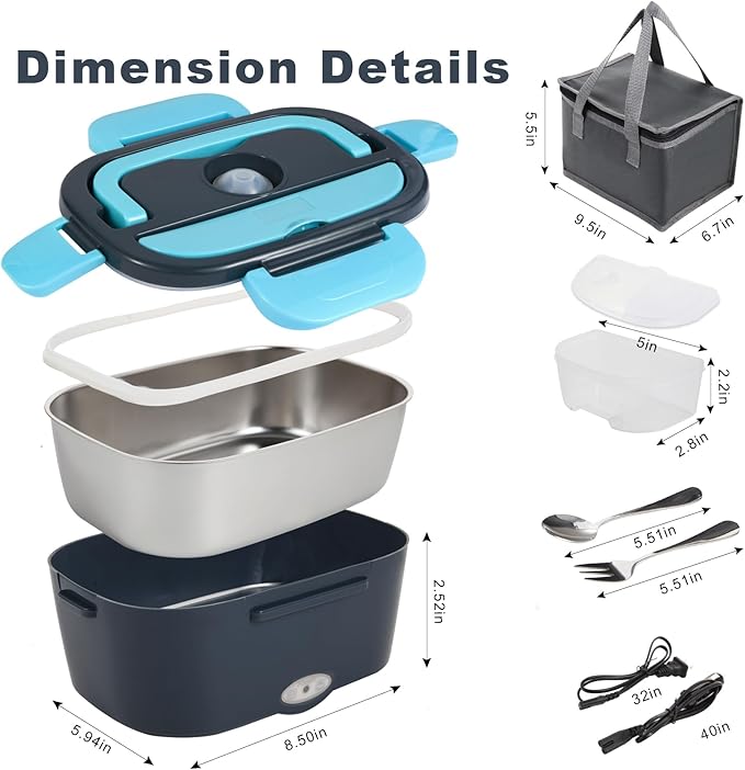 Electric Lunch Box, 12V/24V/110V Portable Food Warmer with SS Fork & Spoon for Car/Truck/Office, 80W Self Heating Lunch Box with 1.5L 304 Stainless Steel Container & 0.45L PP Fruit Box Sky Blue