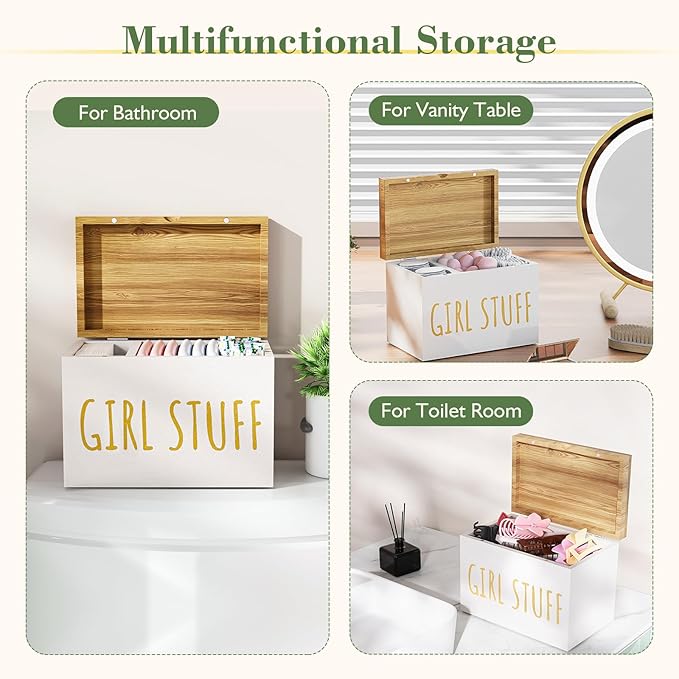 Tampon Holder for Bathroom with Hinged Lid, Feminine Product Organizer, Bathroom Period Products, Toilet Organizer, Bathroom Accessories Box for Girl Stuff (White)