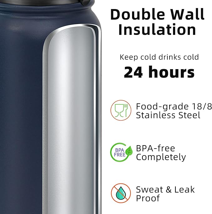 Fanhaw 20 oz Insulated Stainless Steel Water Bottle with Anti-Dust Chug Lid, Leakproof Vacuum Metal Bottle for Kids, Women & Men (Navy Blue)