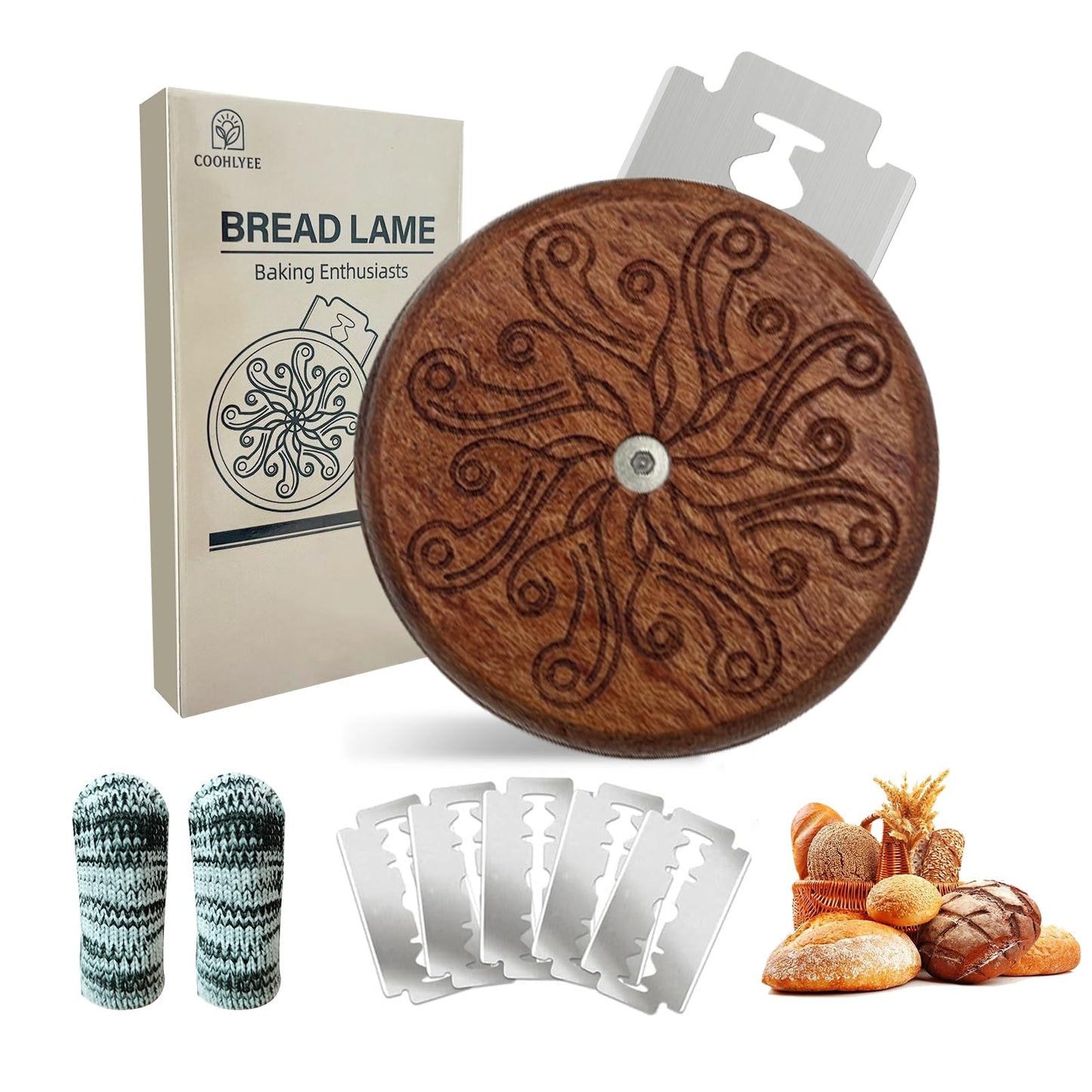 COOHLYEE UFO Bread Lame for Sourdough, Wooden Sourdough Scoring Tool with PU Storage Case, 5 Replaceable Blades and Finger Protectors, Bread Scorer for Homemade Bread Baking Gifts
