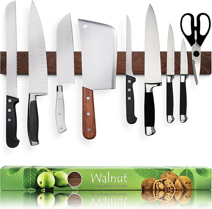 Premium 10 Inch (Small Size) Dark Walnut Wood Magnetic Knife Holder – Professional Wooden Magnetic Knife Strip - Space-Saving Knife Rack/Knife Bar With Powerful Magnetic Pull Force (Upgraded Version)