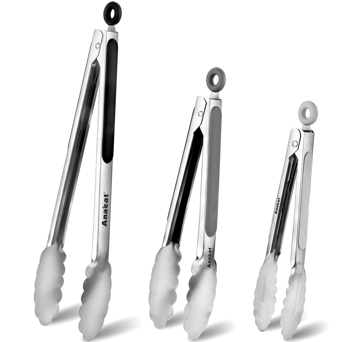 Anaeat Non-Stick Silicone Locking Tong Set of 2 - Stainless Steel 9" and 12" Kitchen Food Tongs with Non-Slip Silicone Tips and Grip for Cooking, Baking and BBQ - Heavy Duty & Heat Resistant (Black)