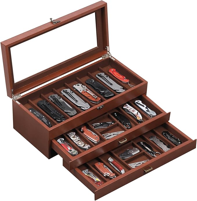 AUTOARK 3-Tier PU Leather & Velvet Knife Organizer with 26 Slots,Transparent Glass Top & Drawer,Compact Storage for Pocket Knives,Ideal for Men's Collections & Gifts,Black,MKAW016