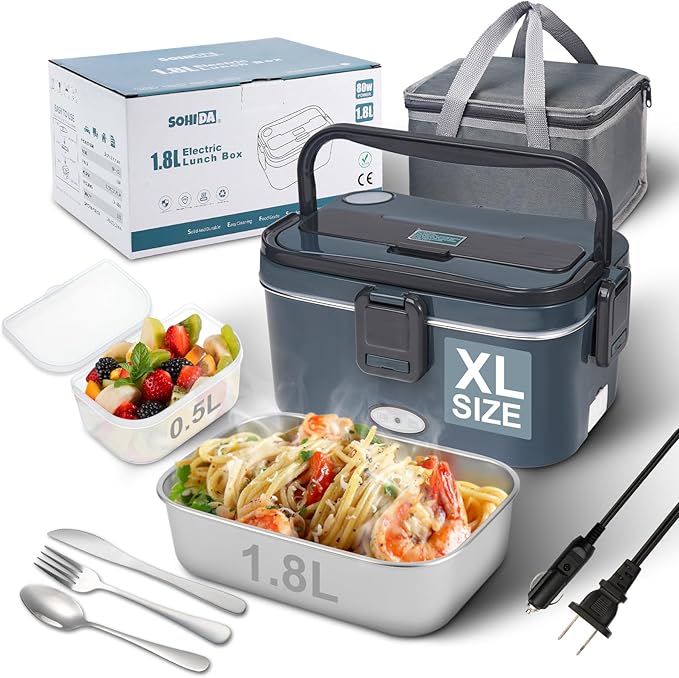 1.8L+0.5L Heated Lunch Box for Men, 80W Electric Lunch Box with Long-handled Utensils for Adults, 12V/24V/110V Lonchera Eléctrica Portátil, Portable Food Warmer for Car/Truck/Office (Deep Blue)
