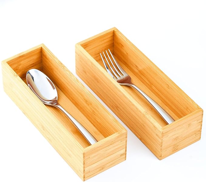 Umilife Bamboo Kitchen Utensils Organizer, Extra High Silverware Drawer Holder, Flatware Cutlery Storage Box, Multi-Use Drawer Divider in Office, Bathroom, Pantry - 12"x6"x2.5" (Set of 2)