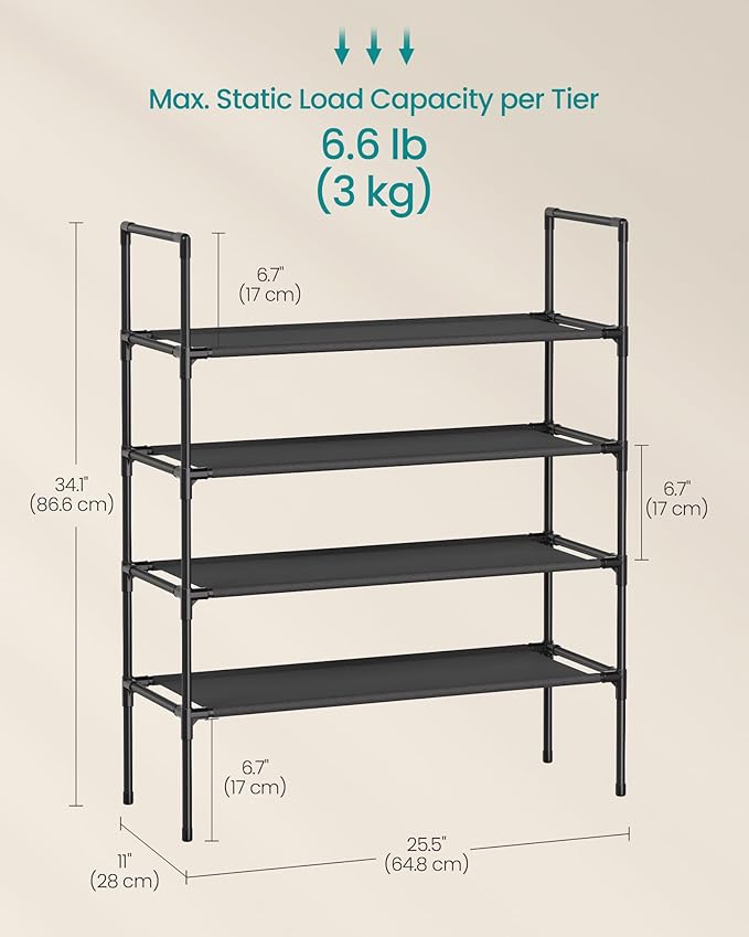SONGMICS 4-Tier Shoe Rack, Shoe Storage for Hallway Closet, Slim and Space-Saving, Metal Frame, Non-Woven Fabric Shelves, Black ULSH044BH02