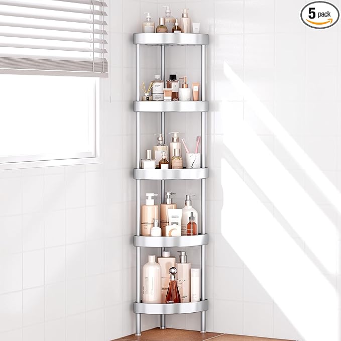 Nieifi Corner Shower Caddy Stand-5 Tier Rustproof Anodized Aluminum Standing Shower Organizer-Shower Caddy Corner-Dual Stability to Anti-Shaking-Height-Adjustable Legs for Uneven Surfaces-Silver