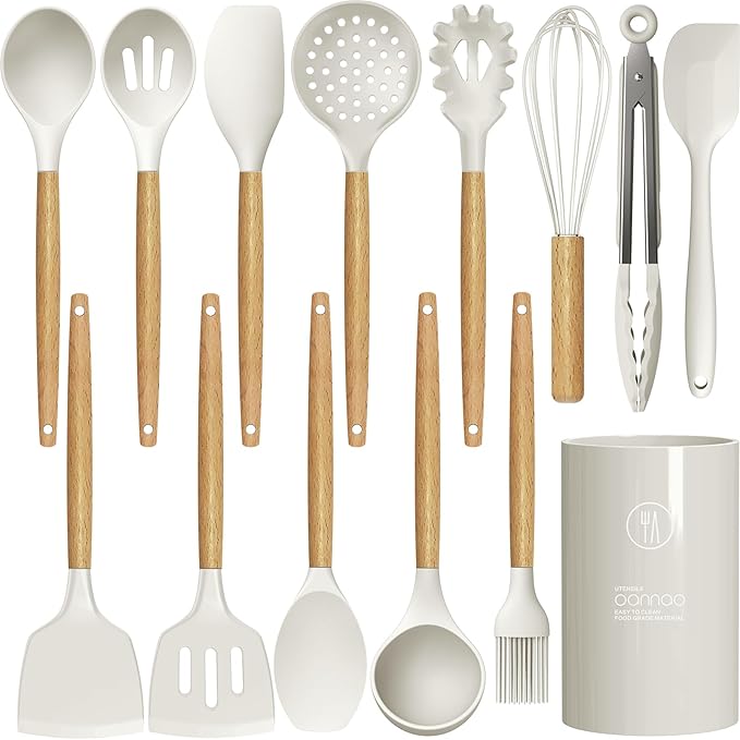 oannao Silicone Cooking Utensils Set Utensil Sets - 446°F Heat Resistant Silicone Kitchen Utensils Set Wooden Handles, Silicone Utensils for Cooking w Holder for Non-Stick Cookware BPA FREE (Black)
