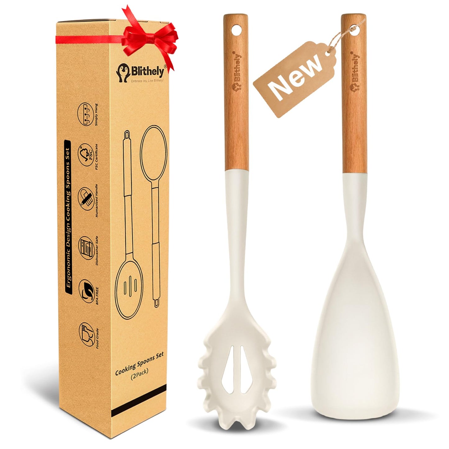 Silicone Cooking Spoon and Pasta Fork Set, 2 Pack Large Spatula Spoons Set with Wooden Handle, Nonstick Multifunction Spoon for Cooking, Serving, Mixing and Spaghetti (Black)