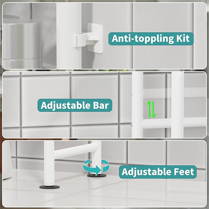3-Tier Over The Toilet Storage with Paper Holder, Metal Bathroom Organizers and Storage for Small Space, Freestanding Bathroom Shelves with 4 Hooks, Above The Toilet Storage Shelf (White)