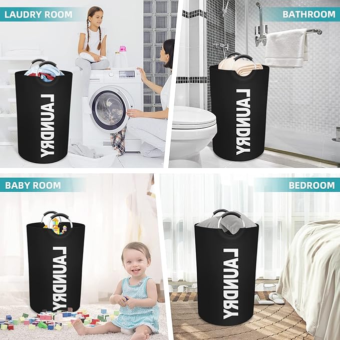 StorageRight 115L Large Laundry Basket, Laundry Hamper, Dirty Clothes Hamper for Laundry, Collapsible, Waterproof Laundry Baskets with Foam Protected Aluminum Handles for Laundry, Dorm, Family (Black)