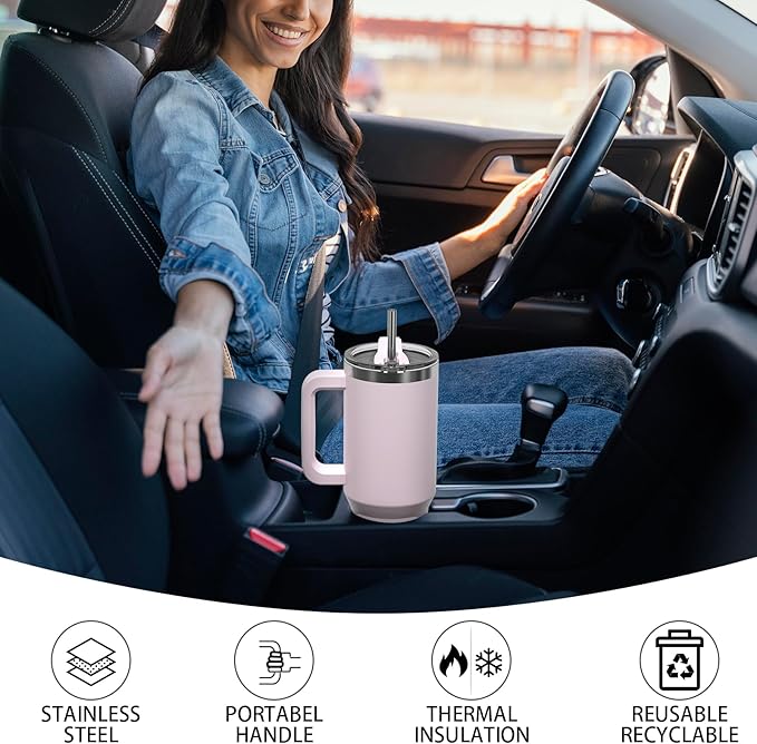 30 oz Tumbler with Handle,Tumbler with Lid and Straw,Double Wall Insulated Cup Stainless Steel Travel Mug(Cold for 34 Hours),Water Bottle for Iced Tea,Coffee,Cold Beverages(Rose Quartz)