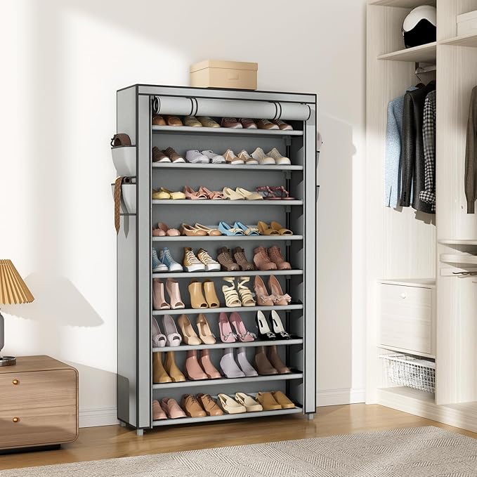 Shoe Rack with Cover Narrow Shoe Organizer with Pockets 10 Tier Tall Shoe Storage Holds 36-41 Pairs Shoes and Boots Shoe Rack for Closet Entryway Garage, Printing