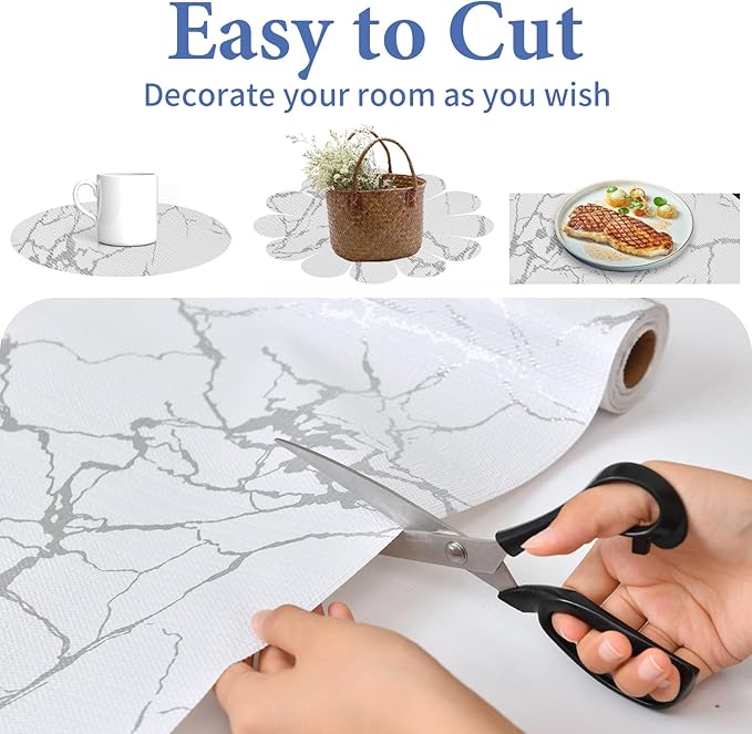 Drawer and Shelf Liner for Kitchen Cabinet: 23.6 in X 20 Ft Non Slip Waterproof Shelf Paper Non Adhesive Refrigerator Liners Silver Marble Easy Liners for Bathroom with Knife Tape Measure