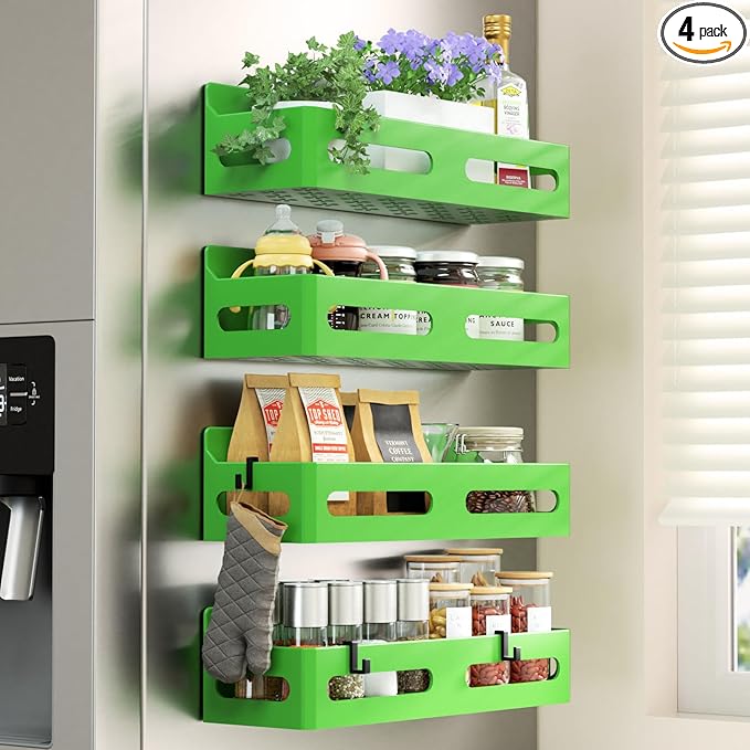 4 Pack Strong Magnetic Spice Rack for Refrigerator, Multipurpose Magnetic Shelf for Fridge with 4 Hooks for kitchen and Bathroom Organization, Green