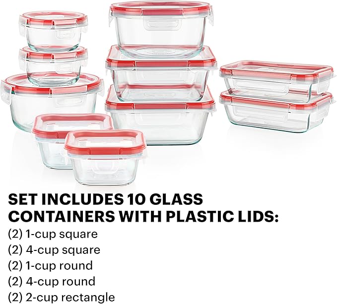 Pyrex Freshlock (10-Pack) Mixed Sized Airtight Glass Food Storage Container Set, Non Toxic, with Plastic BPA-Free Leakproof Locking Lids
