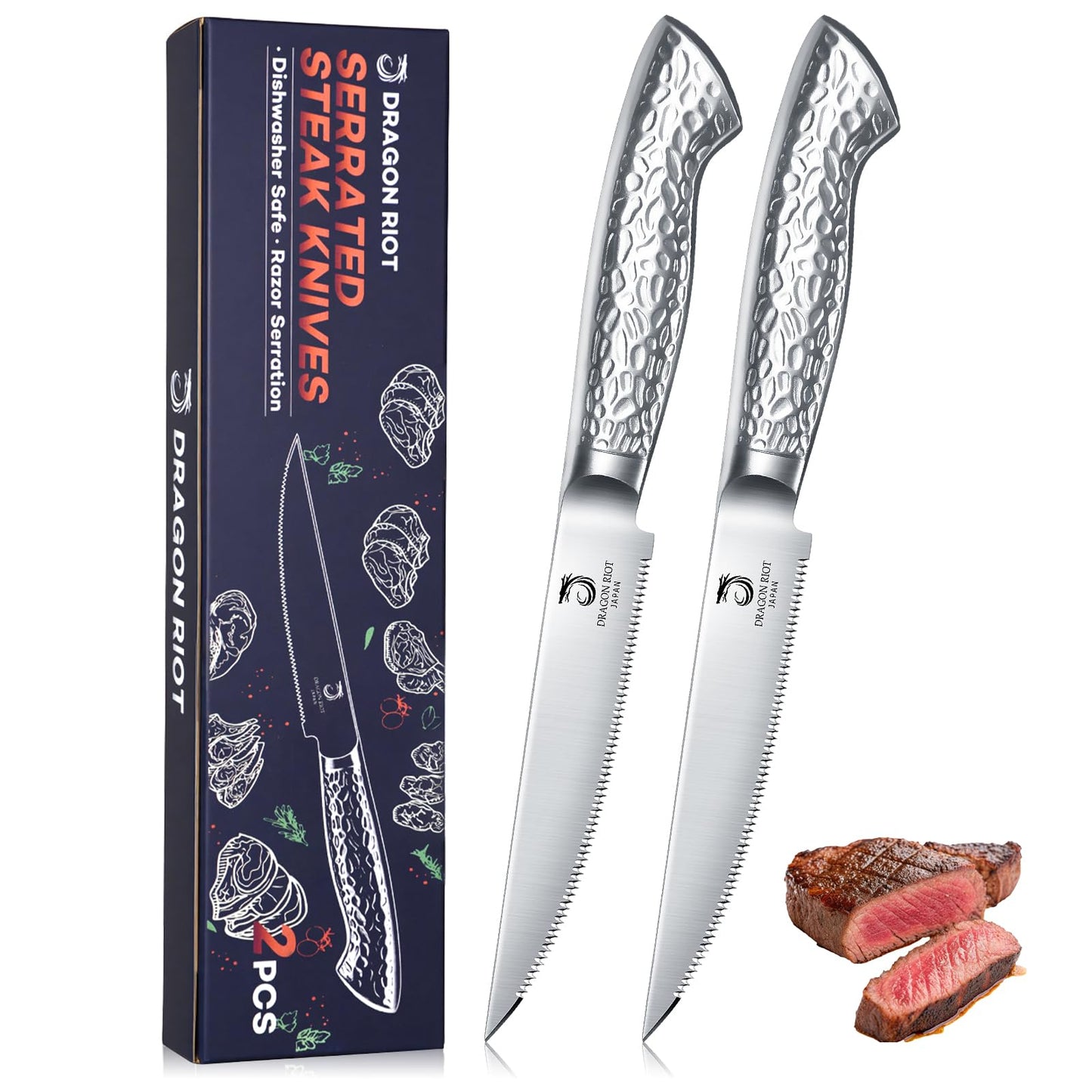 DRAGON RIOT 8-Piece Serrated Steak Knife Set, Stainless Steel